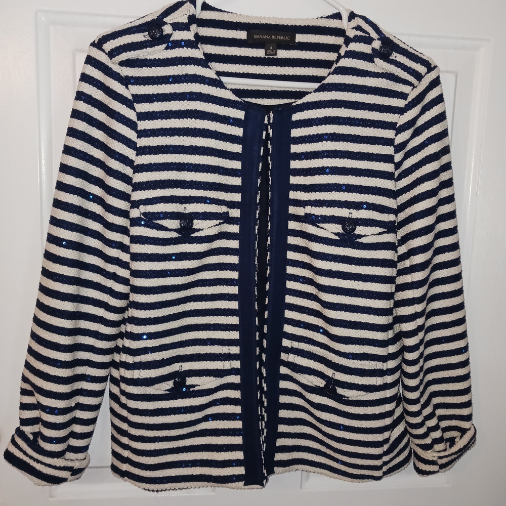 Banana Republic Navy and White Striped Sequin Knit Jacket